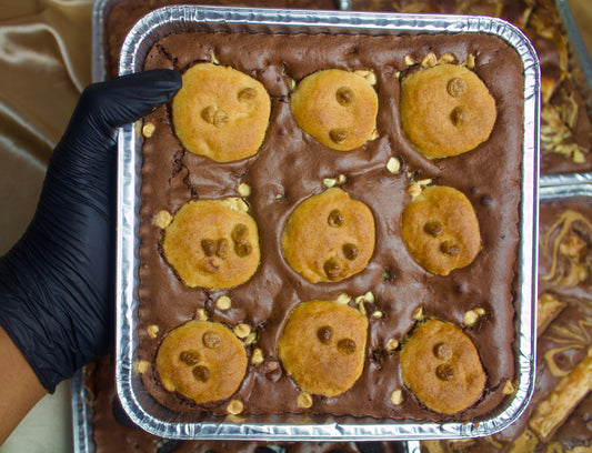 White chocolate chip cookie stuffed brownie slab